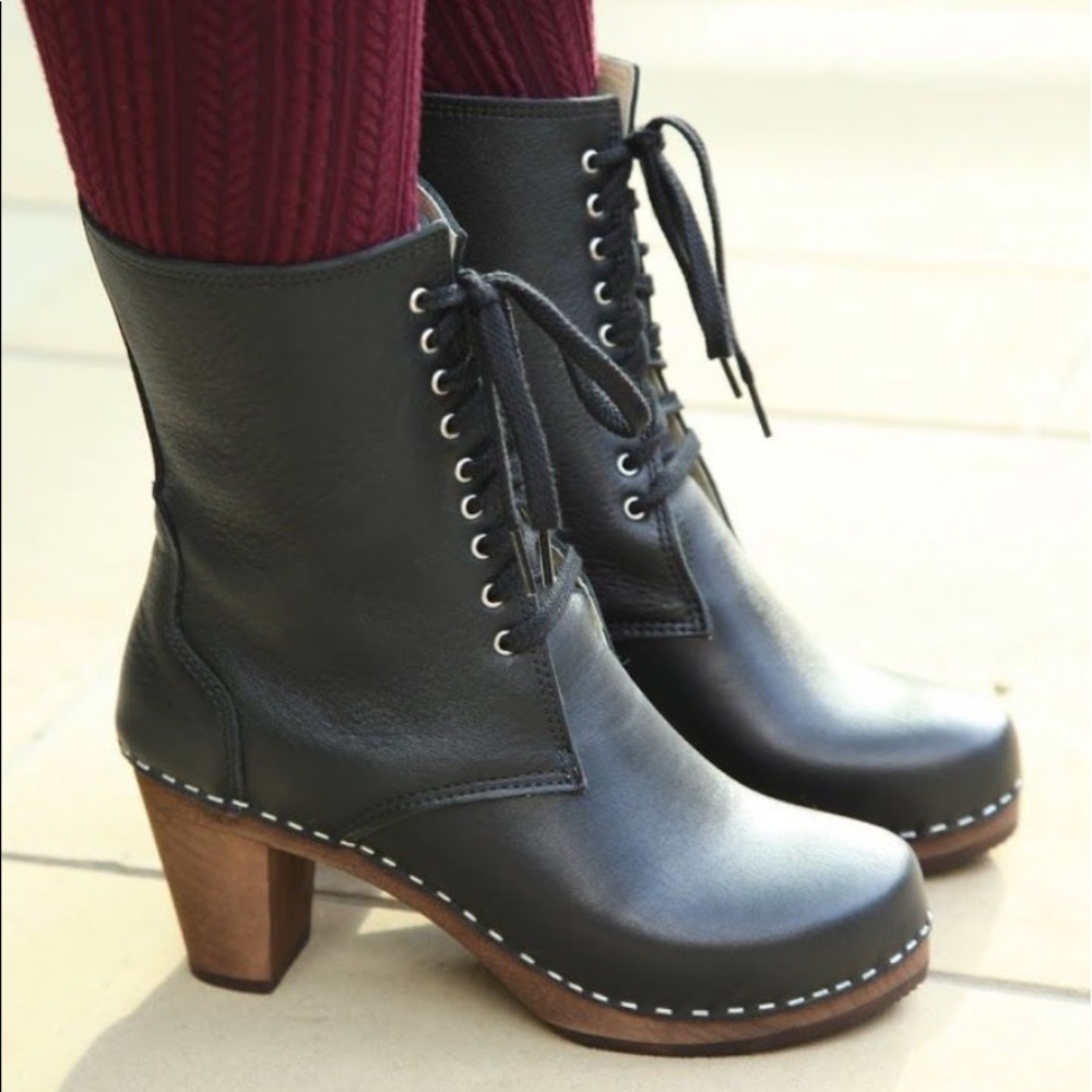 Anthropologie Black Ankle Boots with Brown Heel